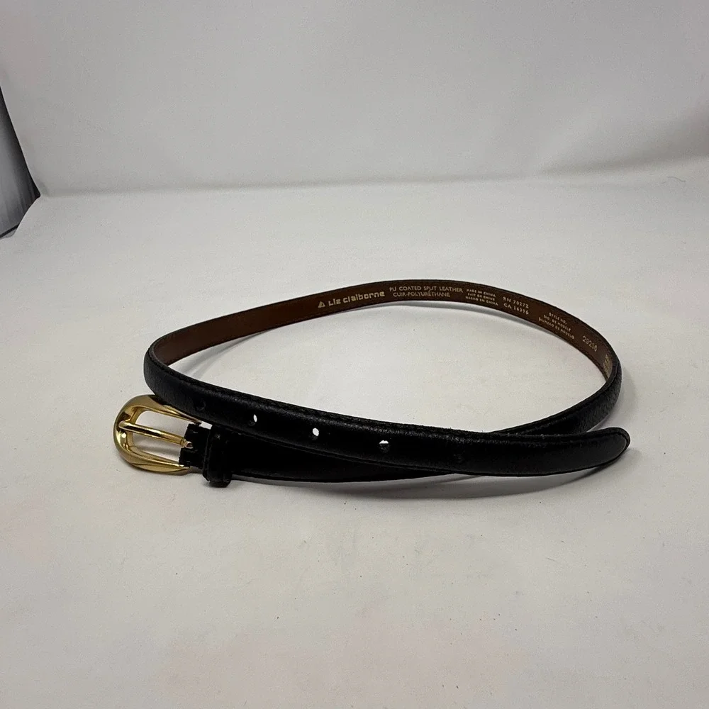 VTG Liz Claiborne Black Skinny Belt Gold‎ Buckle Small 29256 Textured Leather
